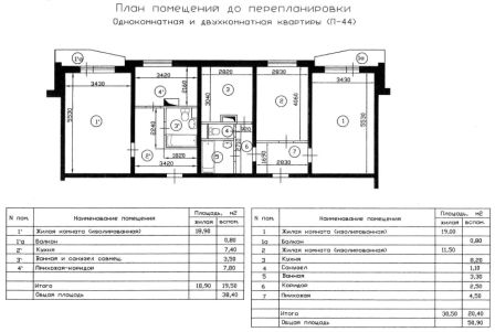 Перепланировка и планировка однокомнатной и двухкомнатной квартиры П-44