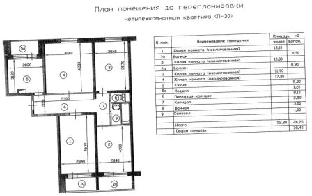 План четырехкомнатной квартиры П-30 до перепланировки