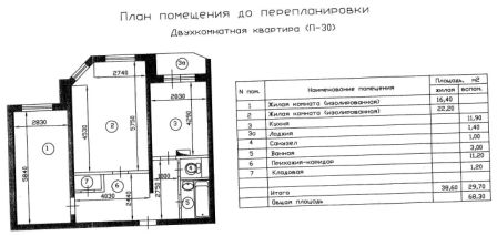 План двухкомнатной квартиры П-30 до перепланировки