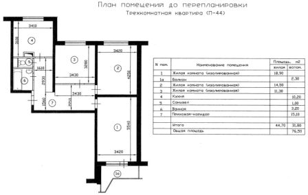 Перепланировка и планировка трехкомнатной квартиры П-44т