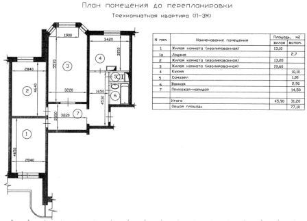 План 3-х комнатной квартиры в домах серии П-3М до перепланировки