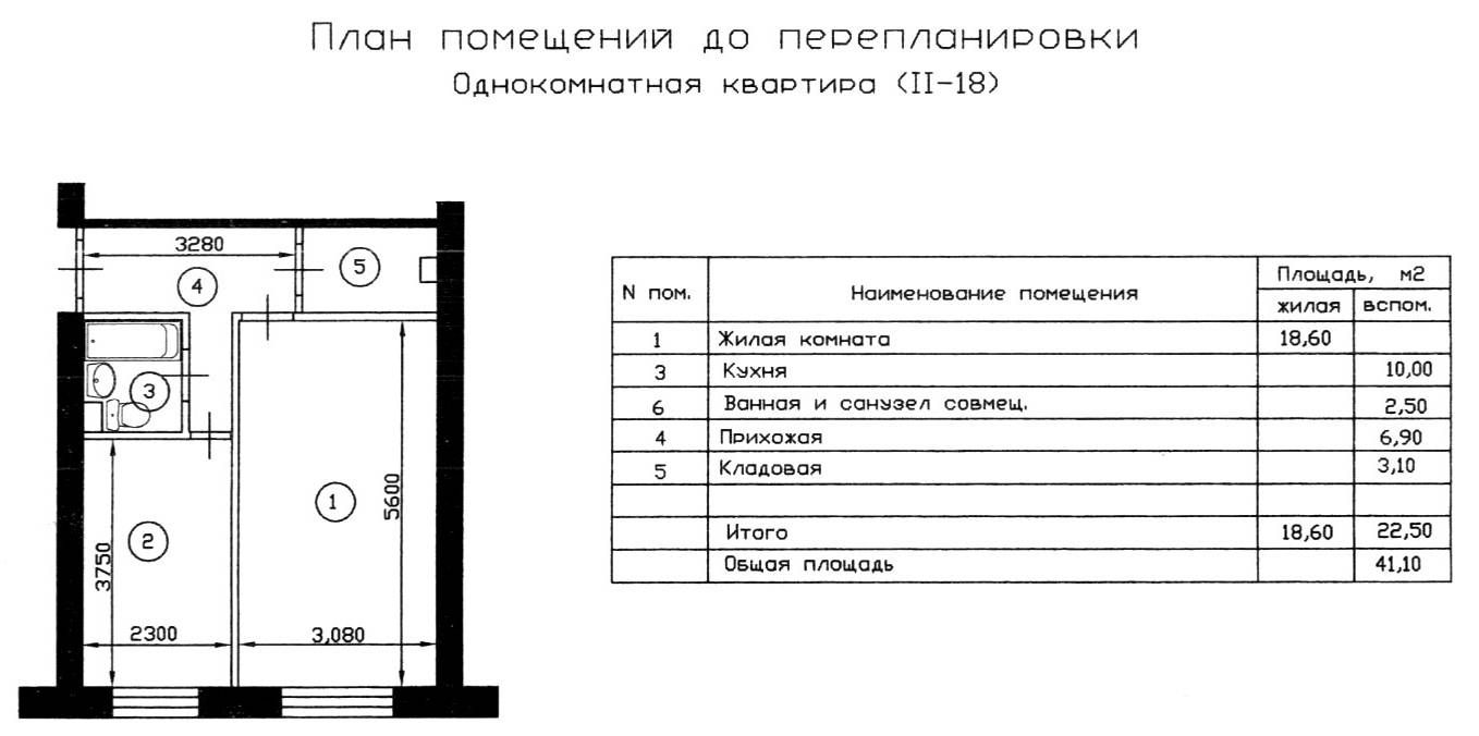 II-18 однокомная квартира до перепланировки