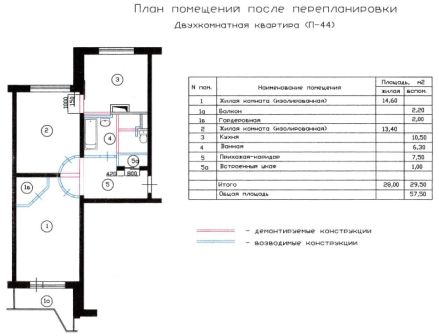 перепланировка двухкомнатной квартиры П-44