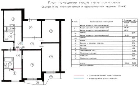 перепланировка трехкомнатной квартиры П-44