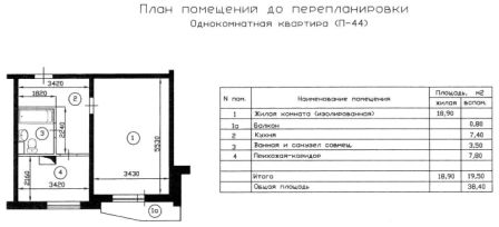 Перепланировка и планировка 1 однокомнатной квартиры П-44