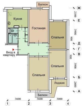 Планировка четырехкомнатной квартиры П-3 до перепланировки