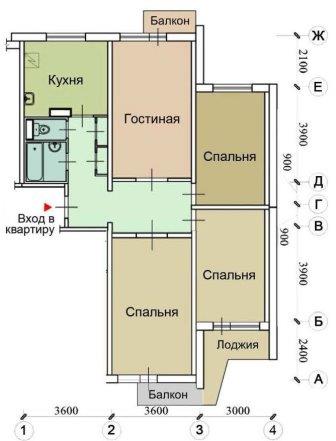 Вариант перепланировки 4-х комнатной квартиры П-3